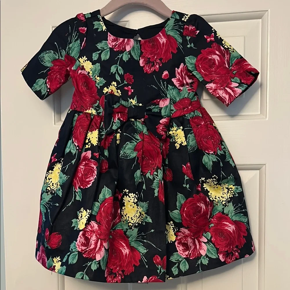 Janie and Jack Black Floral Bow Dress with Red and Yellow Blooms